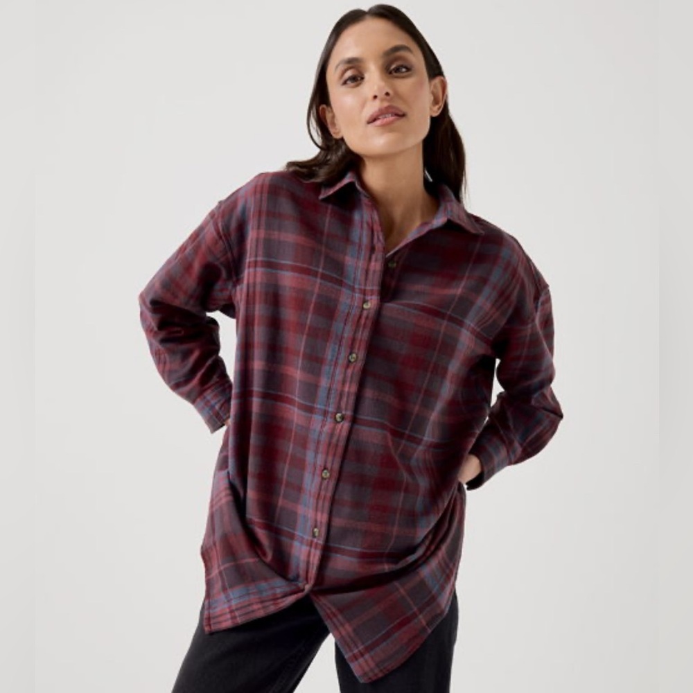 NWT Women’s Fireside Flannel Button Up Shirt Eggplant Plaid 100% Organic Cotton